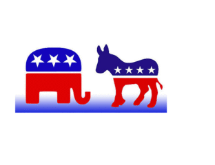 Illustration of Republican elephant and Democratic donkey symbols.