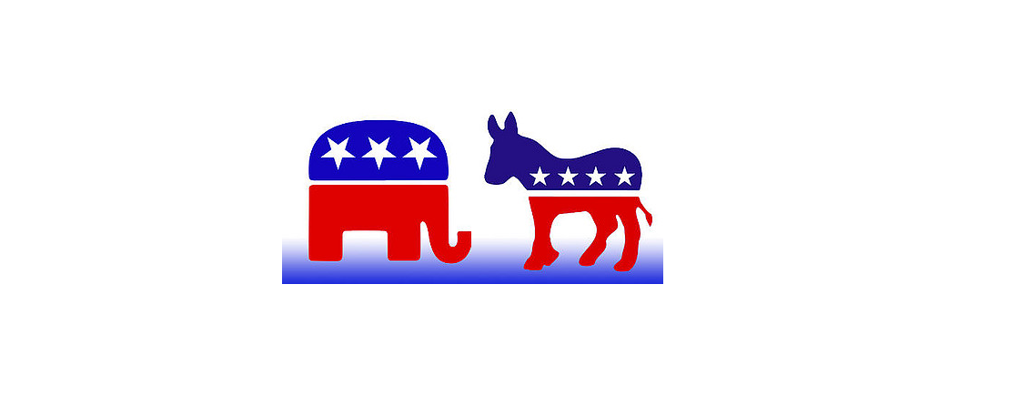 Illustration of Republican elephant and Democratic donkey symbols.