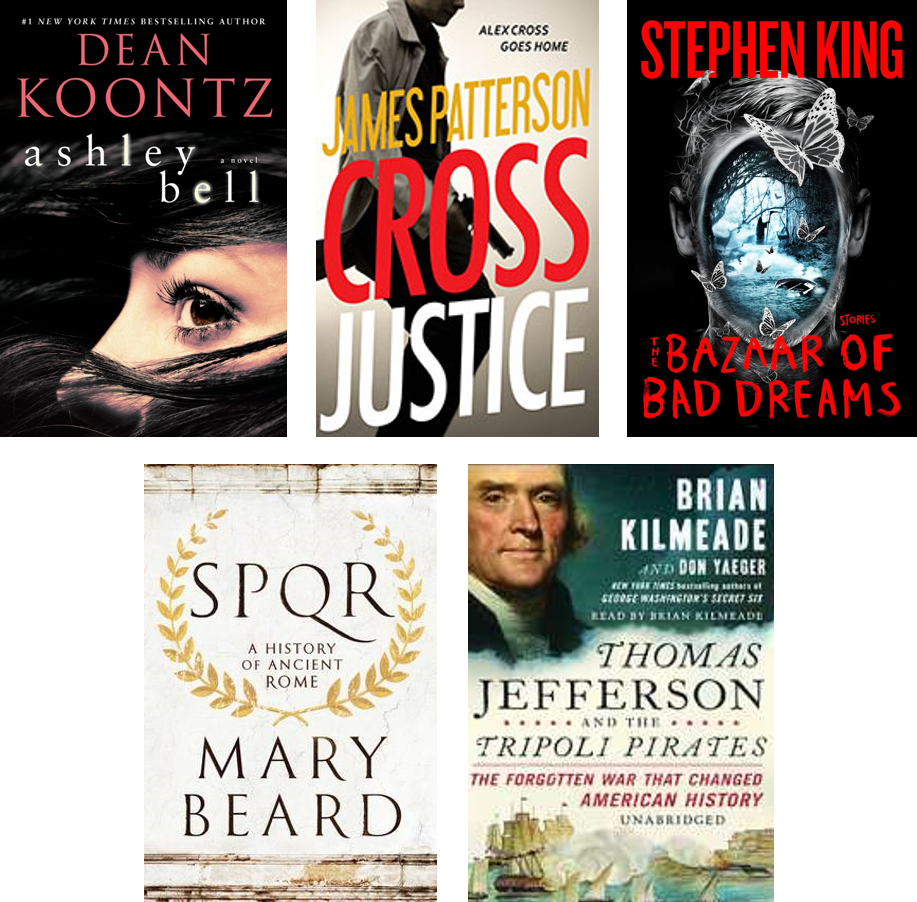 Five diverse book covers from thriller, historical, and biography genres.