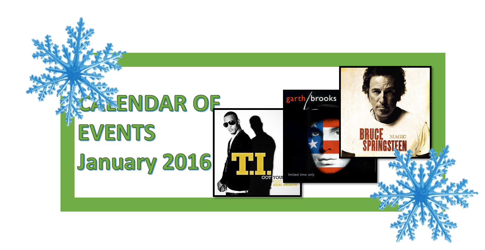 Poster of February 2016 music events with artist images.