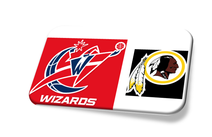 Logos of the Washington Wizards and Washington Redskins sports teams.