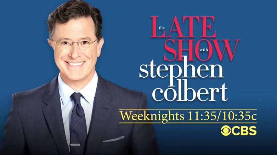 Stephen Colbert promoting The Late Show airing weeknights at 11:35 PM.