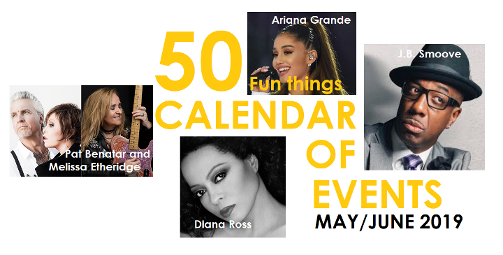 Calendar cover featuring Ariana Grande and Diana Ross for May-June events.